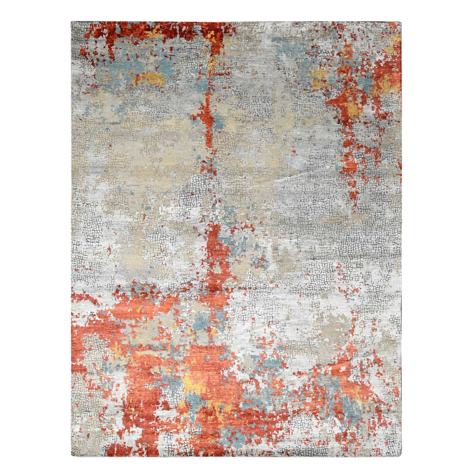 Flame Orange with Cloud Gray, Densely Woven, Abstract with Fire Mosaic Design, Wool and Silk, Hand Knotted, Oriental Rug